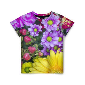 Детская футболка 3D с принтом Роскошные цветы в Новосибирске, 100% гипоаллергенный полиэфир | прямой крой, круглый вырез горловины, длина до линии бедер, чуть спущенное плечо, ткань немного тянется | аромат | астры | букет | вазон | великолепие | гвоздики | гиацинт | гортензия | калла | краски | красота | куст | лилия | орхидея | пион | подсолнух | полевые цветы | природа | растения | розы | ромашки