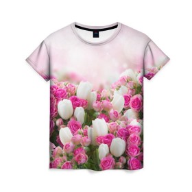 Женская футболка 3D с принтом Нежные розы в Новосибирске, 100% полиэфир ( синтетическое хлопкоподобное полотно) | прямой крой, круглый вырез горловины, длина до линии бедер | аромат | букет | вазон | великолепие | краски | красота | куст | нежность | природа | растения | розы | украшение | фауна | цветник | цветы
