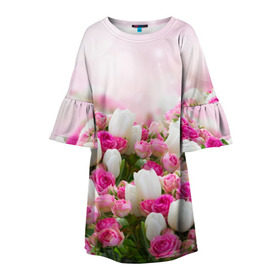 Детское платье 3D с принтом Нежные розы в Новосибирске, 100% полиэстер | прямой силуэт, чуть расширенный к низу. Круглая горловина, на рукавах — воланы | Тематика изображения на принте: аромат | букет | вазон | великолепие | краски | красота | куст | нежность | природа | растения | розы | украшение | фауна | цветник | цветы