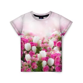 Детская футболка 3D с принтом Нежные розы в Новосибирске, 100% гипоаллергенный полиэфир | прямой крой, круглый вырез горловины, длина до линии бедер, чуть спущенное плечо, ткань немного тянется | аромат | букет | вазон | великолепие | краски | красота | куст | нежность | природа | растения | розы | украшение | фауна | цветник | цветы