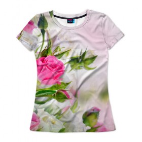 Женская футболка 3D с принтом Алые розы в Новосибирске, 100% полиэфир ( синтетическое хлопкоподобное полотно) | прямой крой, круглый вырез горловины, длина до линии бедер | аромат | букет | вазон | великолепие | краски | красота | куст | нежность | природа | растения | розы | украшение | фауна | цветник | цветы