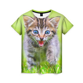 Женская футболка 3D с принтом Кися в Новосибирске, 100% полиэфир ( синтетическое хлопкоподобное полотно) | прямой крой, круглый вырез горловины, длина до линии бедер | Тематика изображения на принте: домашние | животные | кот | котёнок | кошка | милый