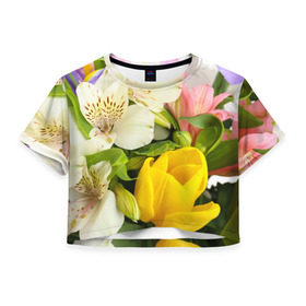 Женская футболка 3D укороченная с принтом Красивый букет в Новосибирске, 100% полиэстер | круглая горловина, длина футболки до линии талии, рукава с отворотами | Тематика изображения на принте: аромат | астры | букет | вазон | великолепие | гвоздики | гиацинт | гортензия | калла | краски | красота | куст | лилия | орхидея | пион | подсолнух | полевые цветы | природа | растения | розы | ромашки