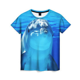 Женская футболка 3D с принтом Дельфин в Новосибирске, 100% полиэфир ( синтетическое хлопкоподобное полотно) | прямой крой, круглый вырез горловины, длина до линии бедер | вода | дельфин | море | отдых | отпуск | подводный мир | туризм