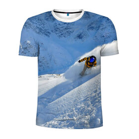 Мужская футболка 3D спортивная с принтом Спуск в Новосибирске, 100% полиэстер с улучшенными характеристиками | приталенный силуэт, круглая горловина, широкие плечи, сужается к линии бедра | Тематика изображения на принте: гора | зима | лыжник | снег | спорт | спуск