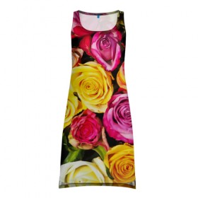 Платье-майка 3D с принтом Букет роз в Новосибирске, 100% полиэстер | полуприлегающий силуэт, широкие бретели, круглый вырез горловины, удлиненный подол сзади. | жёлтый | красный | лепестки | прикольные картинки | розы | цветочки | цветы