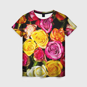 Женская футболка 3D с принтом Букет роз в Новосибирске, 100% полиэфир ( синтетическое хлопкоподобное полотно) | прямой крой, круглый вырез горловины, длина до линии бедер | жёлтый | красный | лепестки | прикольные картинки | розы | цветочки | цветы