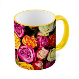 Кружка 3D с принтом Букет роз в Новосибирске, керамика | ёмкость 330 мл | жёлтый | красный | лепестки | прикольные картинки | розы | цветочки | цветы