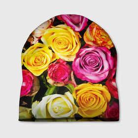 Шапка 3D с принтом Букет роз в Новосибирске, 100% полиэстер | универсальный размер, печать по всей поверхности изделия | жёлтый | красный | лепестки | прикольные картинки | розы | цветочки | цветы