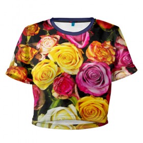 Женская футболка 3D укороченная с принтом Букет роз в Новосибирске, 100% полиэстер | круглая горловина, длина футболки до линии талии, рукава с отворотами | жёлтый | красный | лепестки | прикольные картинки | розы | цветочки | цветы