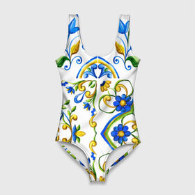 Купальник-боди 3D с принтом Майолика в Новосибирске, 82% полиэстер, 18% эластан | Круглая горловина, круглый вырез на спине | dg | dolce | dolce  gabana | dolce  gabbana | dolce gabbana | maiolica | majolica | trend | барселона | дольче | дольче габана | дольче габбана | керамика | майолика | мода | модный принт | мозаика | мозайка | плитка | роспись | тренд
