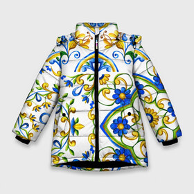 Зимняя куртка для девочек 3D с принтом Майолика в Новосибирске, ткань верха — 100% полиэстер; подклад — 100% полиэстер, утеплитель — 100% полиэстер. | длина ниже бедра, удлиненная спинка, воротник стойка и отстегивающийся капюшон. Есть боковые карманы с листочкой на кнопках, утяжки по низу изделия и внутренний карман на молнии. 

Предусмотрены светоотражающий принт на спинке, радужный светоотражающий элемент на пуллере молнии и на резинке для утяжки. | Тематика изображения на принте: dg | dolce | dolce  gabana | dolce  gabbana | dolce gabbana | maiolica | majolica | trend | барселона | дольче | дольче габана | дольче габбана | керамика | майолика | мода | модный принт | мозаика | мозайка | плитка | роспись | тренд