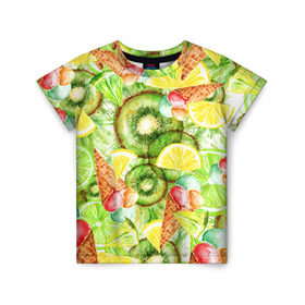 Детская футболка 3D с принтом Веселые фрукты 2 в Новосибирске, 100% гипоаллергенный полиэфир | прямой крой, круглый вырез горловины, длина до линии бедер, чуть спущенное плечо, ткань немного тянется | Тематика изображения на принте: апельсин | арбуз | банан | виноград | груша | киви | мороженое | овощи | питание | ппп | правильное | тайланд | фрукт | яблоко