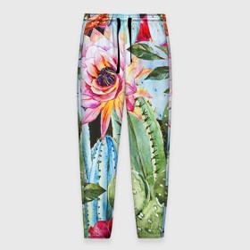 Мужские брюки 3D с принтом Зелень в Новосибирске, 100% полиэстер | манжеты по низу, эластичный пояс регулируется шнурком, по бокам два кармана без застежек, внутренняя часть кармана из мелкой сетки | кактусы | лилия | тропики | цветы