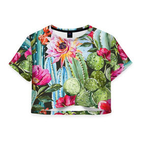 Женская футболка 3D укороченная с принтом Зелень в Новосибирске, 100% полиэстер | круглая горловина, длина футболки до линии талии, рукава с отворотами | кактусы | лилия | тропики | цветы