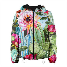 Женская куртка 3D с принтом Зелень в Новосибирске, ткань верха — 100% полиэстер, подклад — флис | прямой крой, подол и капюшон оформлены резинкой с фиксаторами, два кармана без застежек по бокам, один большой потайной карман на груди. Карман на груди застегивается на липучку | кактусы | лилия | тропики | цветы