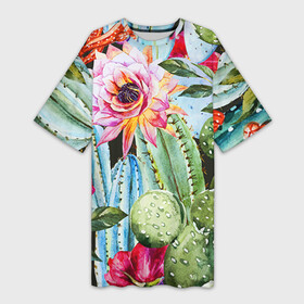 Платье-футболка 3D с принтом Зелень в Новосибирске,  |  | кактусы | лилия | тропики | цветы
