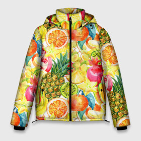 Мужская зимняя куртка 3D с принтом Веселые фрукты 1 в Новосибирске, верх — 100% полиэстер; подкладка — 100% полиэстер; утеплитель — 100% полиэстер | длина ниже бедра, свободный силуэт Оверсайз. Есть воротник-стойка, отстегивающийся капюшон и ветрозащитная планка. 

Боковые карманы с листочкой на кнопках и внутренний карман на молнии. | апельсин | арбуз | банан | виноград | груша | киви | овощи | питание | ппп | правильное | тайланд | фрукт | яблоко