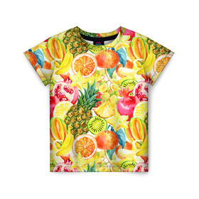 Детская футболка 3D с принтом Веселые фрукты 1 в Новосибирске, 100% гипоаллергенный полиэфир | прямой крой, круглый вырез горловины, длина до линии бедер, чуть спущенное плечо, ткань немного тянется | Тематика изображения на принте: апельсин | арбуз | банан | виноград | груша | киви | овощи | питание | ппп | правильное | тайланд | фрукт | яблоко