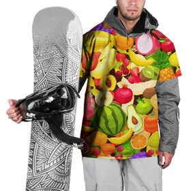 Накидка на куртку 3D с принтом Веселые фрукты в Новосибирске, 100% полиэстер |  | апельсин | арбуз | банан | виноград | груша | киви | овощи | питание | ппп | правильное | тайланд | фрукт | яблоко