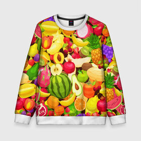 Детский свитшот 3D с принтом Веселые фрукты в Новосибирске, 100% полиэстер | свободная посадка, прямой крой, мягкая тканевая резинка на рукавах и понизу свитшота | апельсин | арбуз | банан | виноград | груша | киви | овощи | питание | ппп | правильное | тайланд | фрукт | яблоко