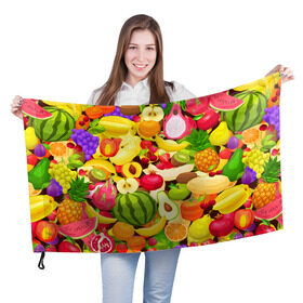 Флаг 3D с принтом Веселые фрукты в Новосибирске, 100% полиэстер | плотность ткани — 95 г/м2, размер — 67 х 109 см. Принт наносится с одной стороны | апельсин | арбуз | банан | виноград | груша | киви | овощи | питание | ппп | правильное | тайланд | фрукт | яблоко