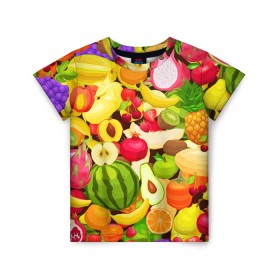Детская футболка 3D с принтом Веселые фрукты в Новосибирске, 100% гипоаллергенный полиэфир | прямой крой, круглый вырез горловины, длина до линии бедер, чуть спущенное плечо, ткань немного тянется | апельсин | арбуз | банан | виноград | груша | киви | овощи | питание | ппп | правильное | тайланд | фрукт | яблоко