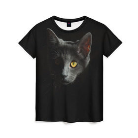 Женская футболка 3D с принтом Кошачий взгляд в Новосибирске, 100% полиэфир ( синтетическое хлопкоподобное полотно) | прямой крой, круглый вырез горловины, длина до линии бедер | глаз | киска | кот | котёнок | кошка | прикольные картинки | темнота | тьма