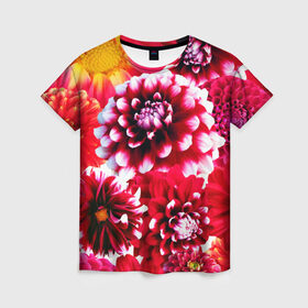 Женская футболка 3D с принтом Яркие цветы в Новосибирске, 100% полиэфир ( синтетическое хлопкоподобное полотно) | прямой крой, круглый вырез горловины, длина до линии бедер | Тематика изображения на принте: красный | лепестки | прикольные картинки | цветочки | цветы