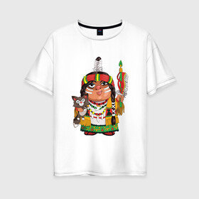 Женская футболка хлопок Oversize с принтом Забавные Индейцы 9 в Новосибирске, 100% хлопок | свободный крой, круглый ворот, спущенный рукав, длина до линии бедер
 | апачи | вождь | воин | животные | запад | канада | лидер | лицо | северная | смешные | талисман | цвет