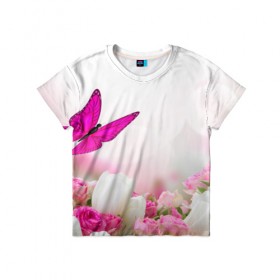 Детская футболка 3D с принтом Бабочка над розами в Новосибирске, 100% гипоаллергенный полиэфир | прямой крой, круглый вырез горловины, длина до линии бедер, чуть спущенное плечо, ткань немного тянется | Тематика изображения на принте: бабочки | нежный | розы | цветы