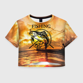 Женская футболка 3D укороченная с принтом Рыбалка в Новосибирске, 100% полиэстер | круглая горловина, длина футболки до линии талии, рукава с отворотами | Тематика изображения на принте: boat | clouds | emblem | fish | fishermen | fishing | logo | nature | net | reflection | river | sky | sturgeon | sun | sunset | water | wave | вода | волна | закат | логотип | лодка | небо | облака | осетр | отражение | природа | река | рыба | рыбаки | р