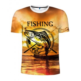 Мужская футболка 3D спортивная с принтом Рыбалка в Новосибирске, 100% полиэстер с улучшенными характеристиками | приталенный силуэт, круглая горловина, широкие плечи, сужается к линии бедра | Тематика изображения на принте: boat | clouds | emblem | fish | fishermen | fishing | logo | nature | net | reflection | river | sky | sturgeon | sun | sunset | water | wave | вода | волна | закат | логотип | лодка | небо | облака | осетр | отражение | природа | река | рыба | рыбаки | р