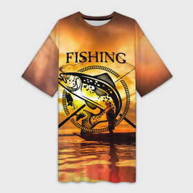 Платье-футболка 3D с принтом Рыбалка в Новосибирске,  |  | boat | clouds | emblem | fish | fishermen | fishing | logo | nature | net | reflection | river | sky | sturgeon | sun | sunset | water | wave | вода | волна | закат | логотип | лодка | небо | облака | осетр | отражение | природа | река | рыба | рыбаки | р