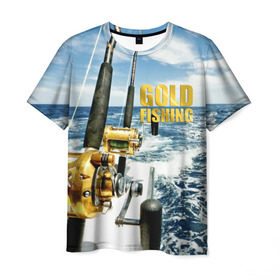 Мужская футболка 3D с принтом Золотая рыбалка в Новосибирске, 100% полиэфир | прямой крой, круглый вырез горловины, длина до линии бедер | boat | fishing rod | gold fishing | ocean | reel | rod | sea | sky | spinning | water | waves | вода | волны | золотая рыбалка | катушка | море | небо | океан | пиннинг | удилище | удочка | яхта