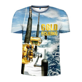 Мужская футболка 3D спортивная с принтом Золотая рыбалка в Новосибирске, 100% полиэстер с улучшенными характеристиками | приталенный силуэт, круглая горловина, широкие плечи, сужается к линии бедра | boat | fishing rod | gold fishing | ocean | reel | rod | sea | sky | spinning | water | waves | вода | волны | золотая рыбалка | катушка | море | небо | океан | пиннинг | удилище | удочка | яхта