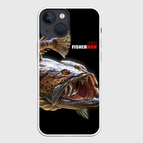 Чехол для iPhone 13 mini с принтом Лучший рыбак в Новосибирске,  |  | best fisherman | black background | deep | fish | fishing | jaws | predator | teeth | water | вода | глубина | зубы | лучший | пасть | рыба | рыбак | рыбалка | хищник | черный фон