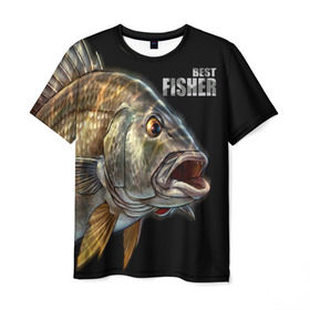 Мужская футболка 3D с принтом Лучший рыбак в Новосибирске, 100% полиэфир | прямой крой, круглый вырез горловины, длина до линии бедер | Тематика изображения на принте: background | best fisherman | black | fish | fishing | лучший рыбак | рыба | рыбалка | фон | черный