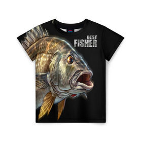 Детская футболка 3D с принтом Лучший рыбак в Новосибирске, 100% гипоаллергенный полиэфир | прямой крой, круглый вырез горловины, длина до линии бедер, чуть спущенное плечо, ткань немного тянется | background | best fisherman | black | fish | fishing | лучший рыбак | рыба | рыбалка | фон | черный
