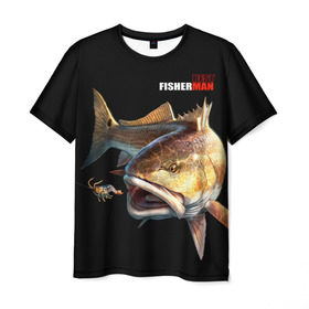 Мужская футболка 3D с принтом Лучший рыбак в Новосибирске, 100% полиэфир | прямой крой, круглый вырез горловины, длина до линии бедер | Тематика изображения на принте: background | best fisherman | black | fish | fishing | лучший рыбак | рыба | рыбалка | фон | черный
