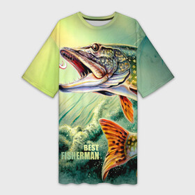 Платье-футболка 3D с принтом Лучший рыбак в Новосибирске,  |  | bait | best fisherman | driftwood | fish | fishing | hook | pike | river bottom | water | вода | дно | коряга | крючок | лучший рыбак | наживка | река | рыба | рыбалка | щука