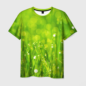 Мужская футболка 3D с принтом Роса на траве в Новосибирске, 100% полиэфир | прямой крой, круглый вырез горловины, длина до линии бедер | зелёный | зелень | луг | роса | яркий