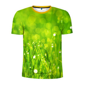 Мужская футболка 3D спортивная с принтом Роса на траве в Новосибирске, 100% полиэстер с улучшенными характеристиками | приталенный силуэт, круглая горловина, широкие плечи, сужается к линии бедра | зелёный | зелень | луг | роса | яркий