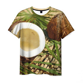 Мужская футболка 3D с принтом Кокос в Новосибирске, 100% полиэфир | прямой крой, круглый вырез горловины, длина до линии бедер | бамбук | белый | еда | зеленый | кокос | лето | листья | орех | природа | продукты