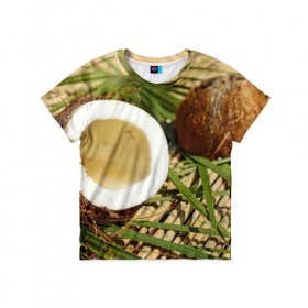 Детская футболка 3D с принтом Кокос в Новосибирске, 100% гипоаллергенный полиэфир | прямой крой, круглый вырез горловины, длина до линии бедер, чуть спущенное плечо, ткань немного тянется | Тематика изображения на принте: бамбук | белый | еда | зеленый | кокос | лето | листья | орех | природа | продукты