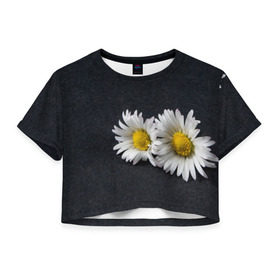 Женская футболка 3D укороченная с принтом Ромашки в Новосибирске, 100% полиэстер | круглая горловина, длина футболки до линии талии, рукава с отворотами | зелень | лепестки | пара | природа | растения | ромашки | цветы