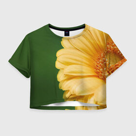 Женская футболка 3D укороченная с принтом Лепестки в Новосибирске, 100% полиэстер | круглая горловина, длина футболки до линии талии, рукава с отворотами | герберы | зелень | лепестки | природа | растения | цветы