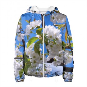 Женская куртка 3D с принтом Вишнёвый цвет в Новосибирске, ткань верха — 100% полиэстер, подклад — флис | прямой крой, подол и капюшон оформлены резинкой с фиксаторами, два кармана без застежек по бокам, один большой потайной карман на груди. Карман на груди застегивается на липучку | весна | вишня | лепестки | прикольные картинки | цветение | цветы