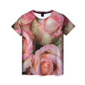 Женская футболка 3D с принтом Розы в Новосибирске, 100% полиэфир ( синтетическое хлопкоподобное полотно) | прямой крой, круглый вырез горловины, длина до линии бедер | букет | вода | капли | лепестки | природа | растения | розовые | розы | роса | цветок | цветы