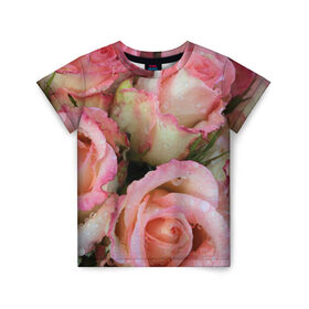 Детская футболка 3D с принтом Розы в Новосибирске, 100% гипоаллергенный полиэфир | прямой крой, круглый вырез горловины, длина до линии бедер, чуть спущенное плечо, ткань немного тянется | Тематика изображения на принте: букет | вода | капли | лепестки | природа | растения | розовые | розы | роса | цветок | цветы